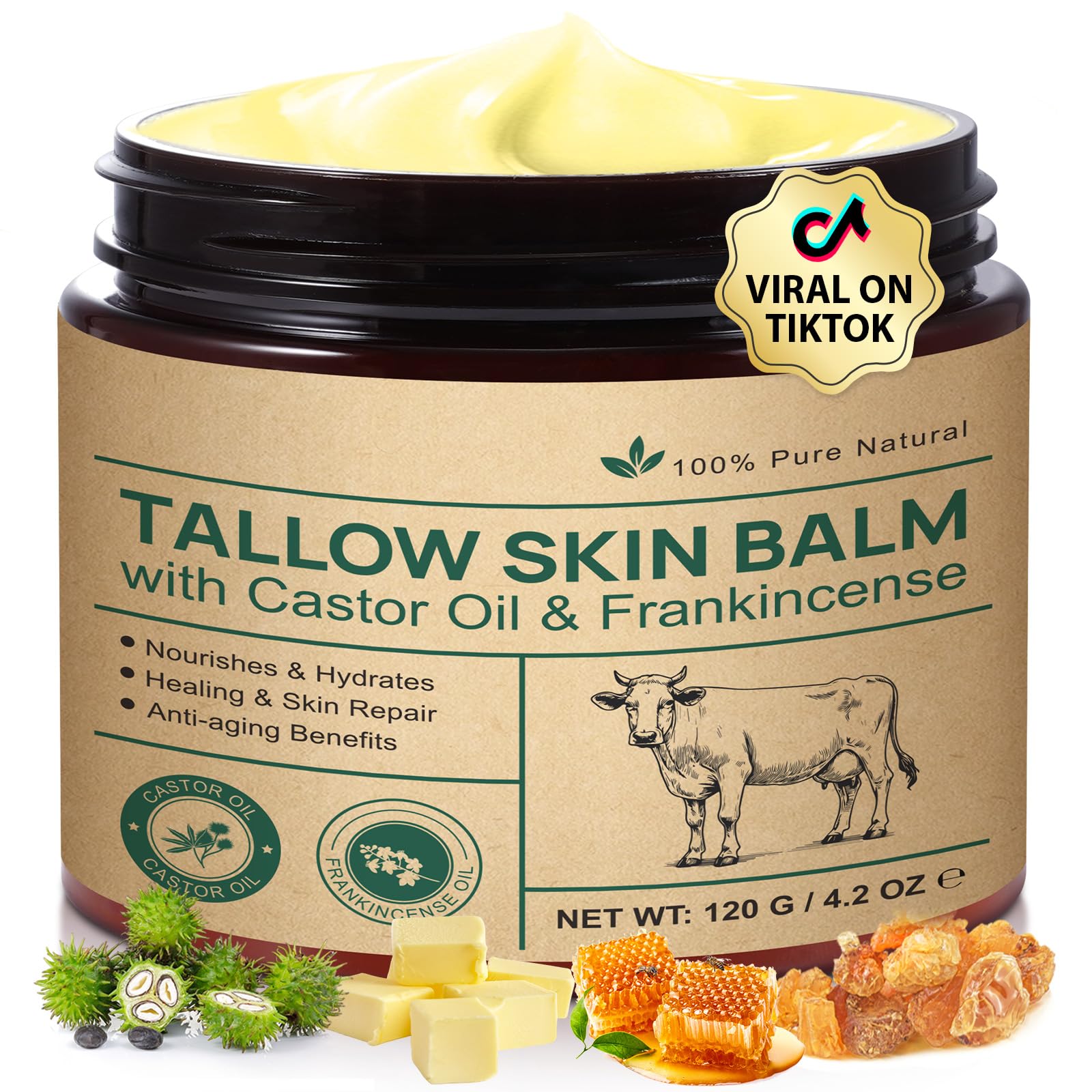 Beef tallow face cream jar shows castor oil and frankincense for deep hydration.