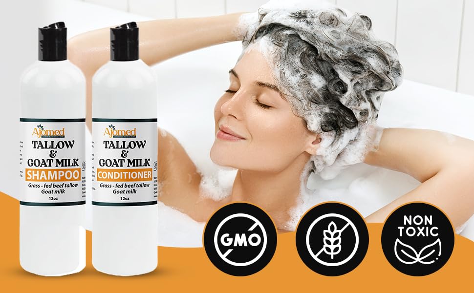 Beef Tallow Goat Milk Conditioner bottle promises strengthened, elastic hair.