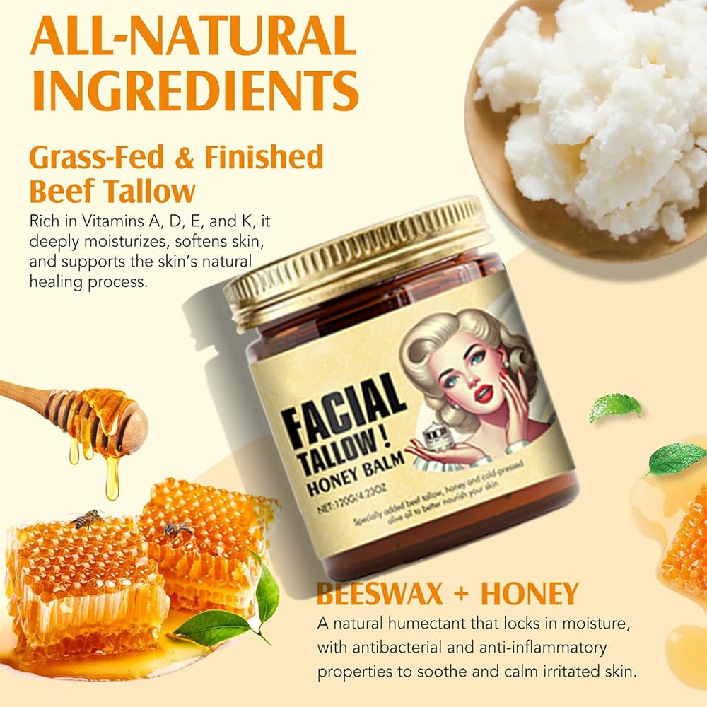 Beef tallow honey balm applied to the body for long lasting moisture.