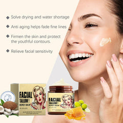 Beef tallow honey balm applied on the face demonstrates quick absorption for dry areas.