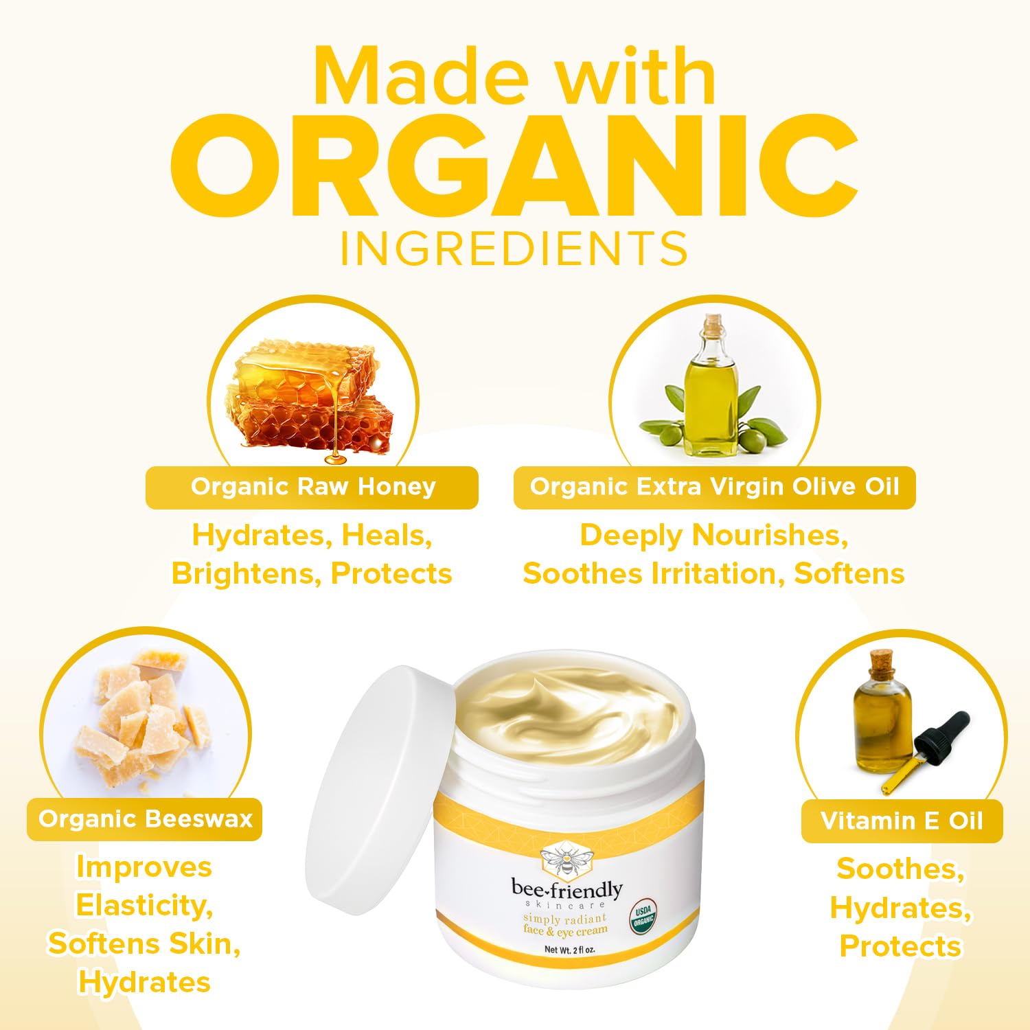 BeeFriendly Organic Face and Eye Cream 2oz jar highlights travel-friendly packaging for routines.