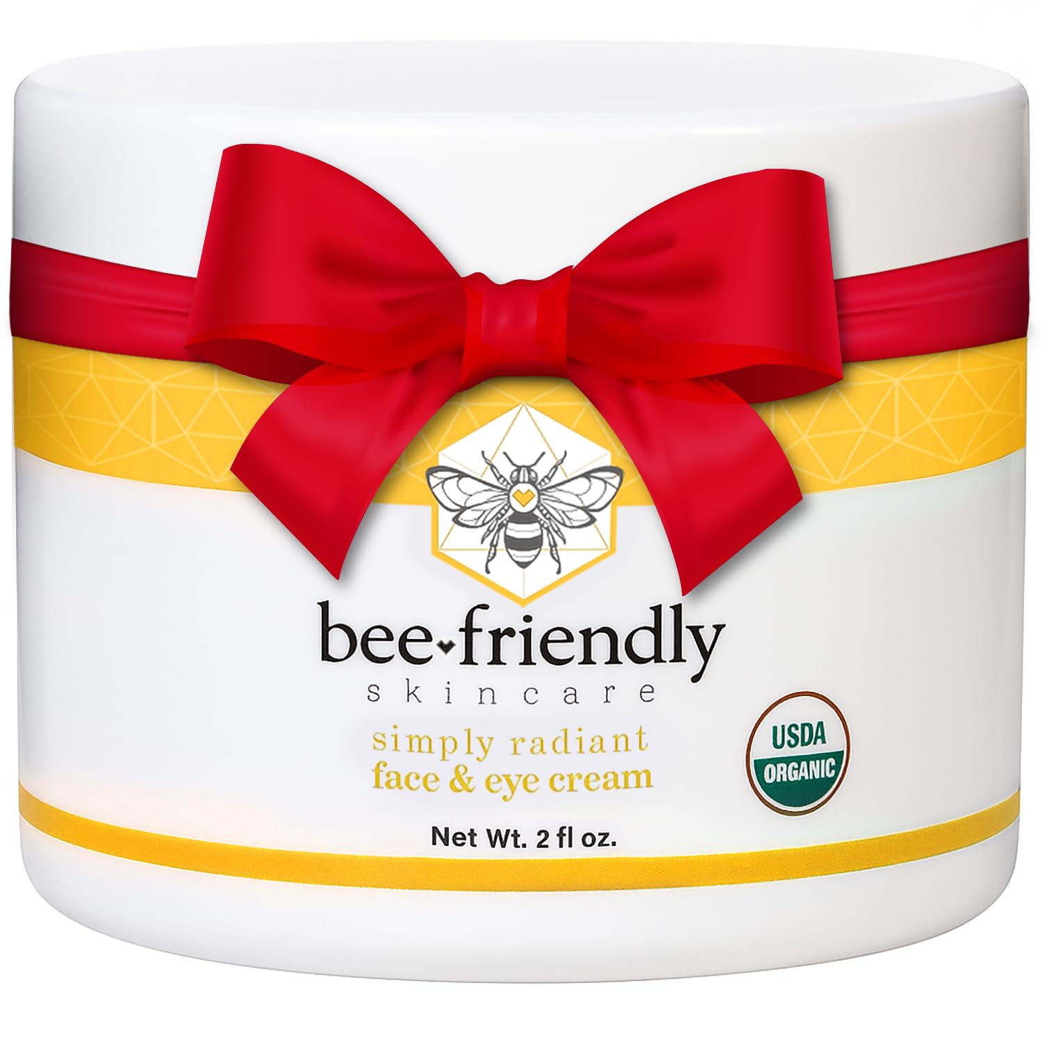 BeeFriendly Organic Face and Eye Cream jar closeup shows rich hydration for daily use.