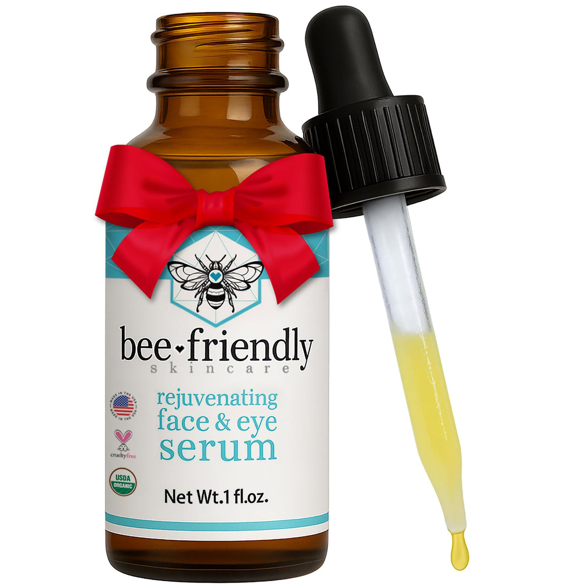 BeeFriendly Organic Face & Eye Serum bottle demonstrates deep hydration for radiant skin.