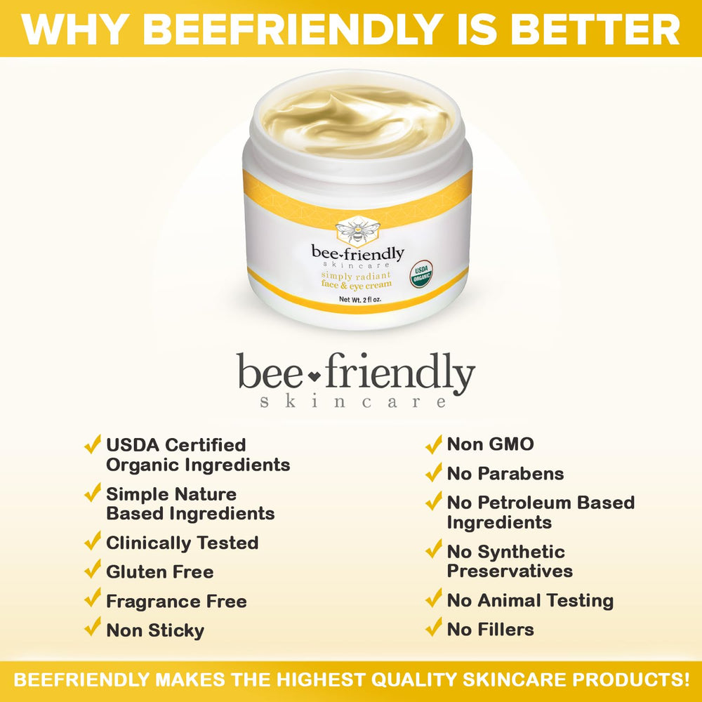 BeeFriendly Organic Honey and Royal Jelly ingredient visual suggests hydrating and renewing skin.