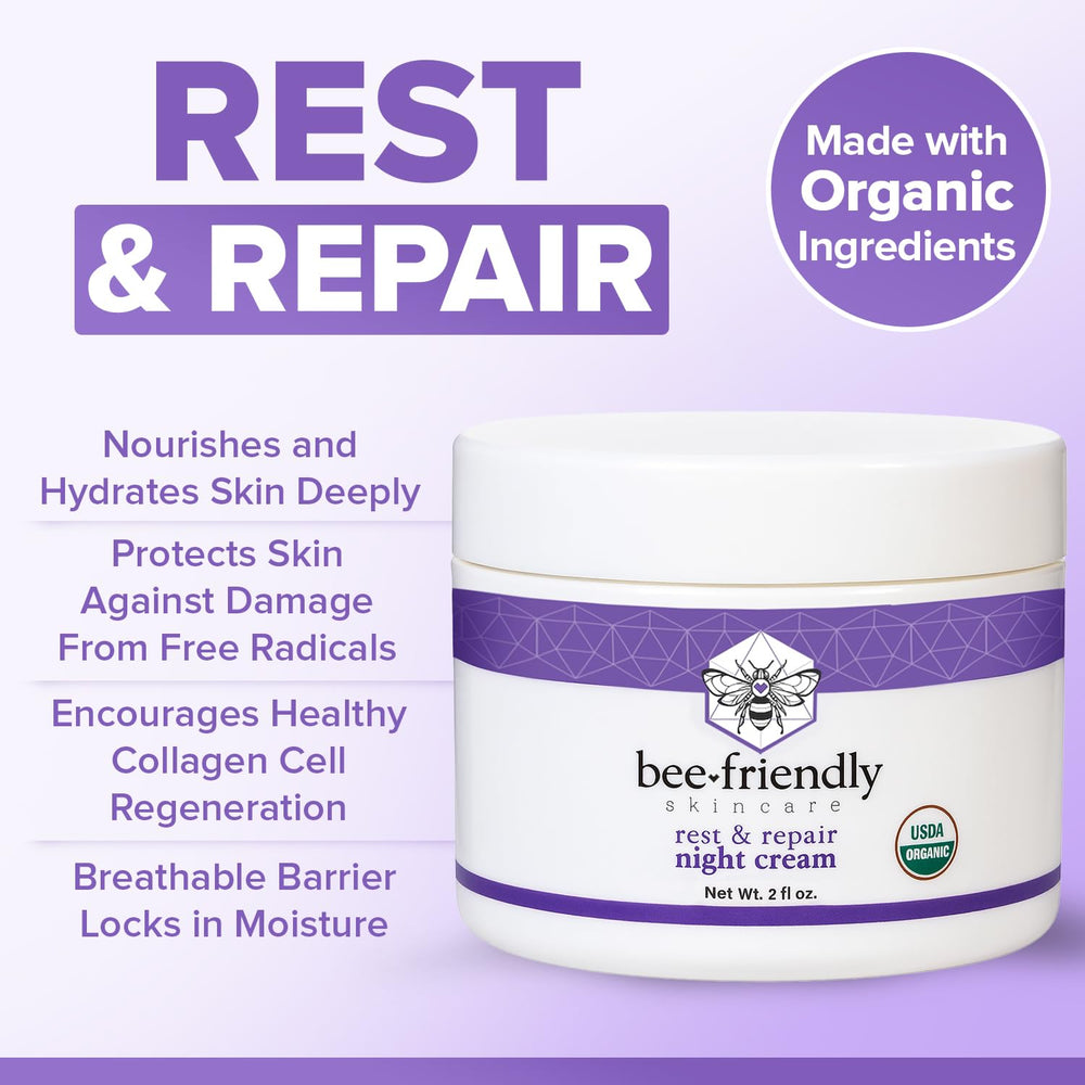 BeeFriendly Organic Night Cream ingredients highlight honey, propolis, and olive oil for natural nourishment.
