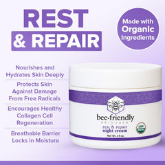 BeeFriendly Organic Night Cream ingredients highlight honey, propolis, and olive oil for natural nourishment.