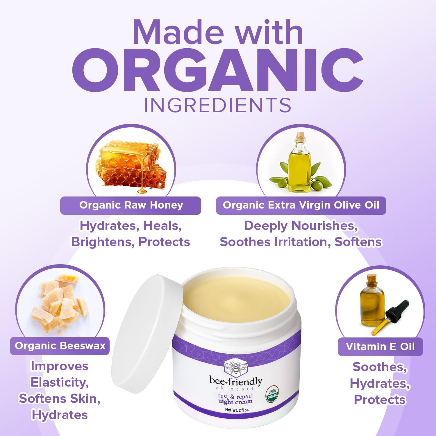 BeeFriendly Organic Night Cream texture spread evenly for deep moisture and comfort.