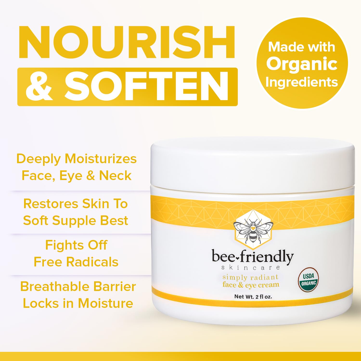 BeeFriendly Organic Olive Oil ingredient visual emphasizes nourishing fatty acids for skin.