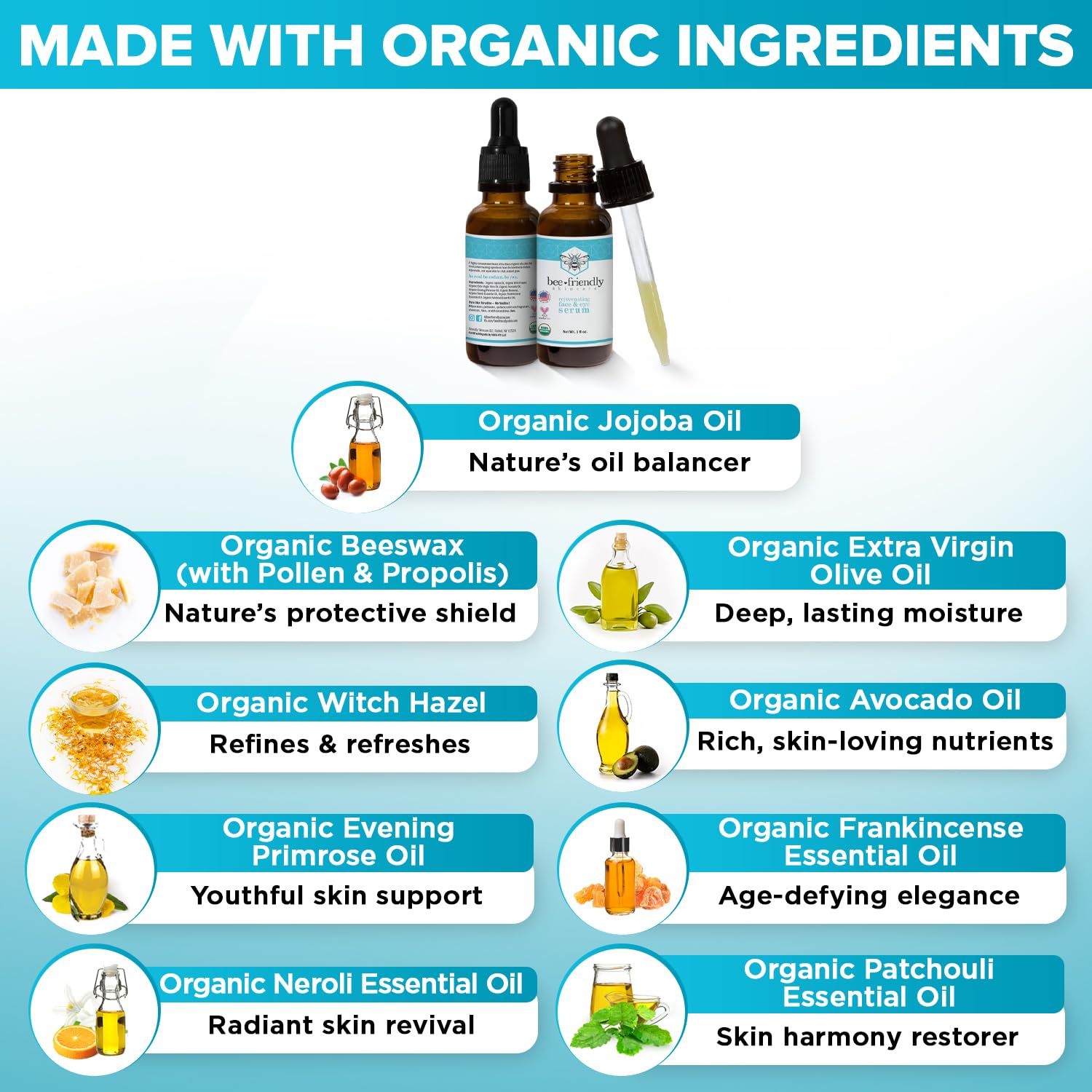 BeeFriendly serum application image shows gentle under-eye care and quick absorption.