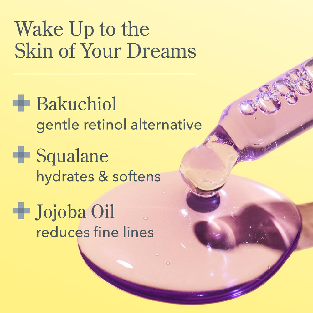 Beekman 1802 Dream Booster Bakuchiol Serum dropper ready for nightly routine application.