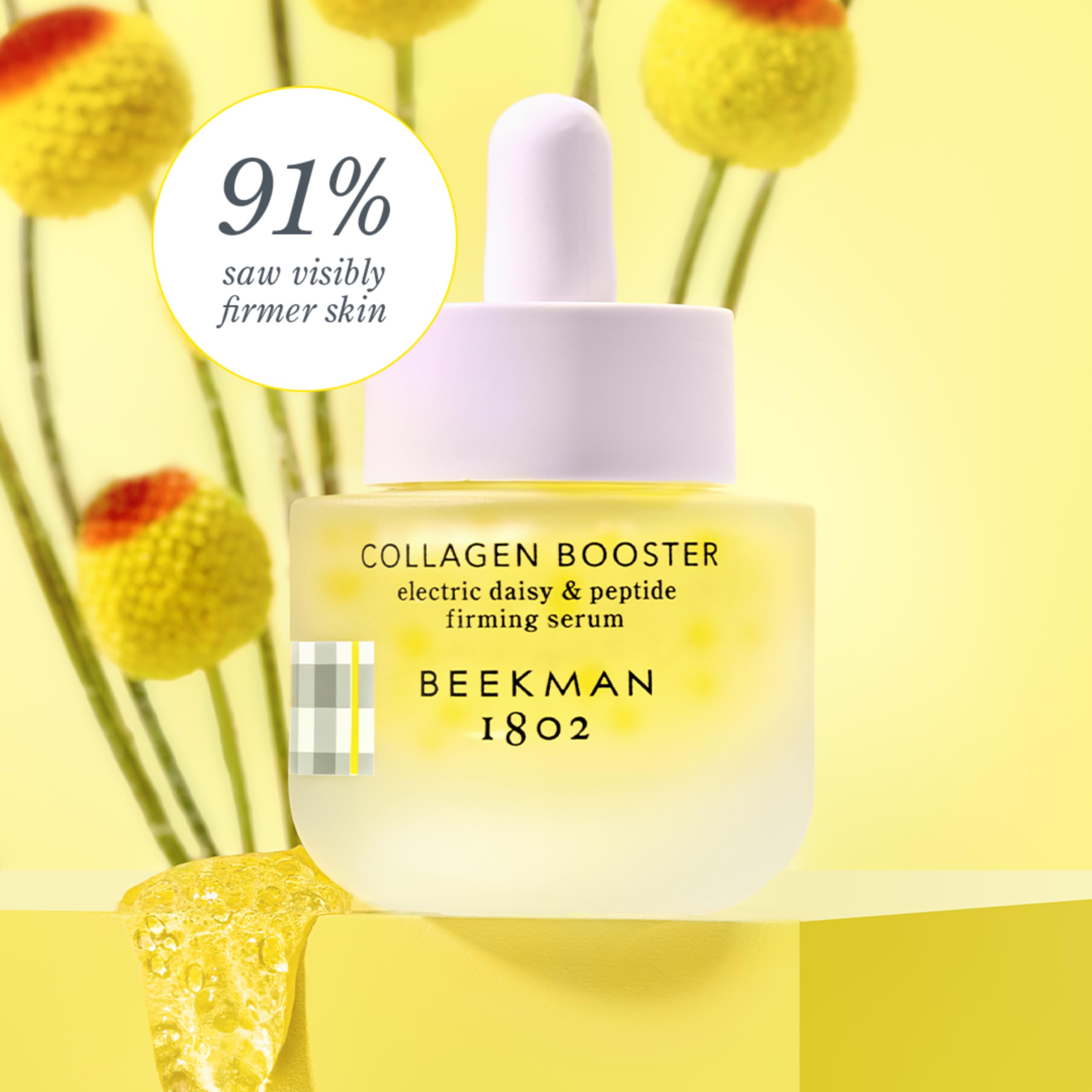 Beekman 1802 electric daisy peptide serum drops hint at collagen support.
