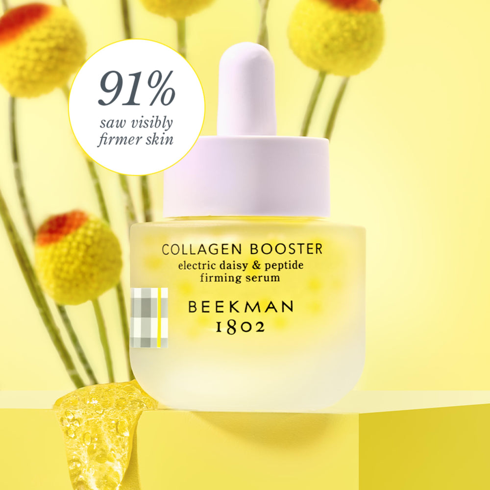 Beekman 1802 electric daisy peptide serum drops hint at collagen support.