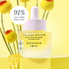 Beekman 1802 electric daisy peptide serum drops hint at collagen support.