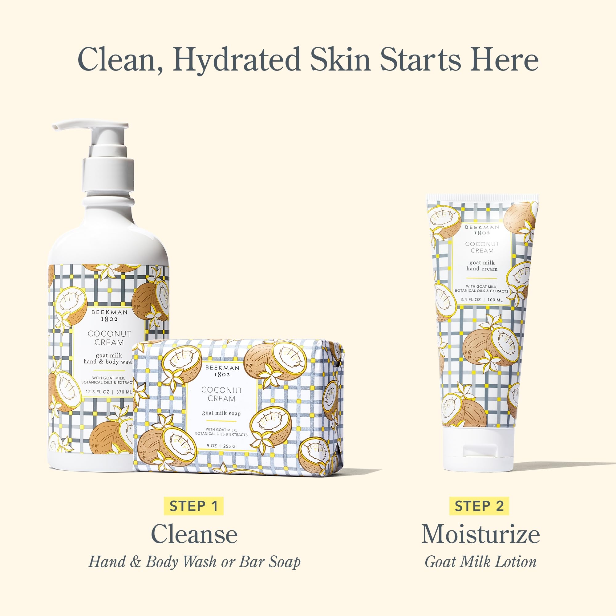 Beekman 1802 fragrance coconut cream scent communicates a microbiome-friendly experience for hands