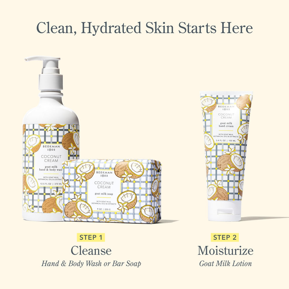 Beekman 1802 fragrance coconut cream scent communicates a microbiome-friendly experience for hands