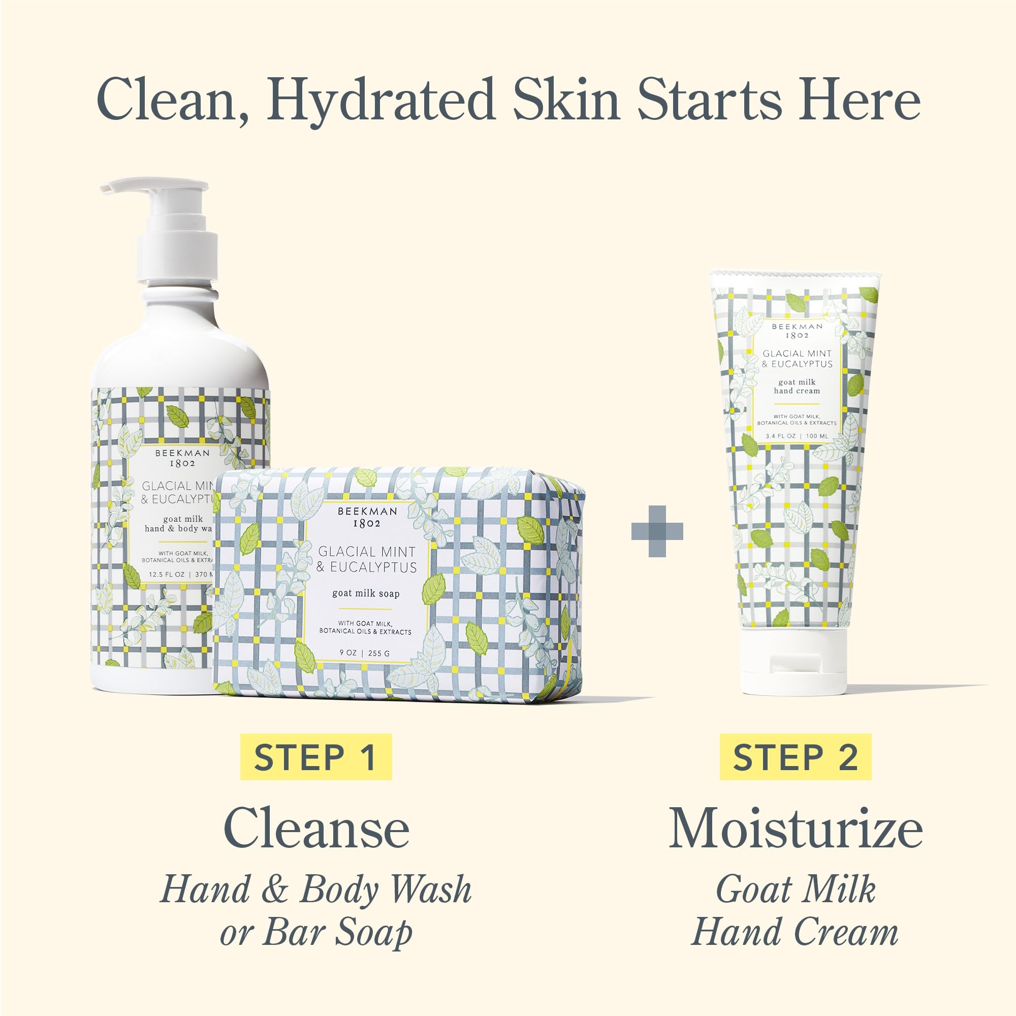 Beekman 1802 mint eucalyptus fragrance bottle highlights mint-eucalyptus aroma for a calming skincare ritual.