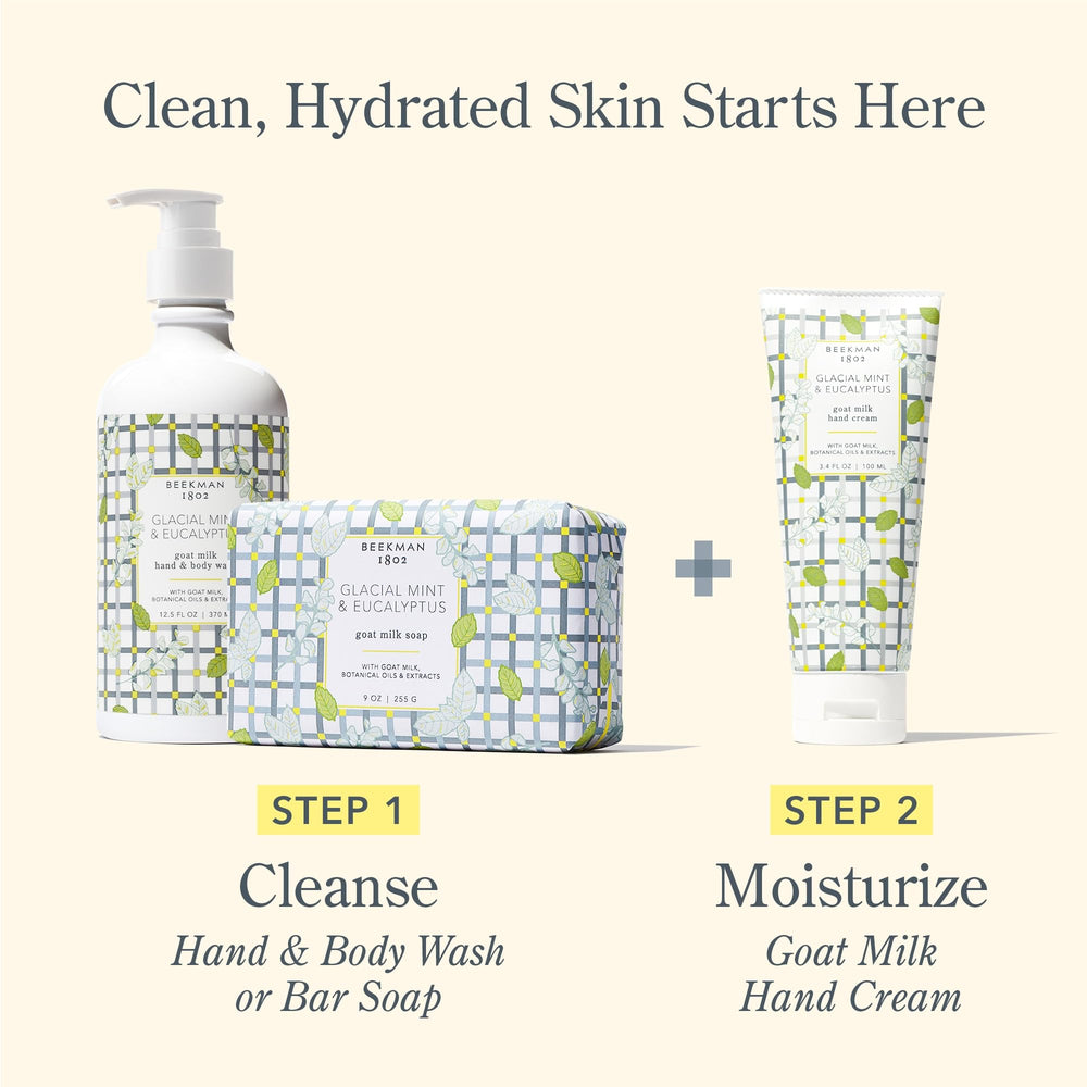 Beekman 1802 mint eucalyptus fragrance bottle highlights mint-eucalyptus aroma for a calming skincare ritual.