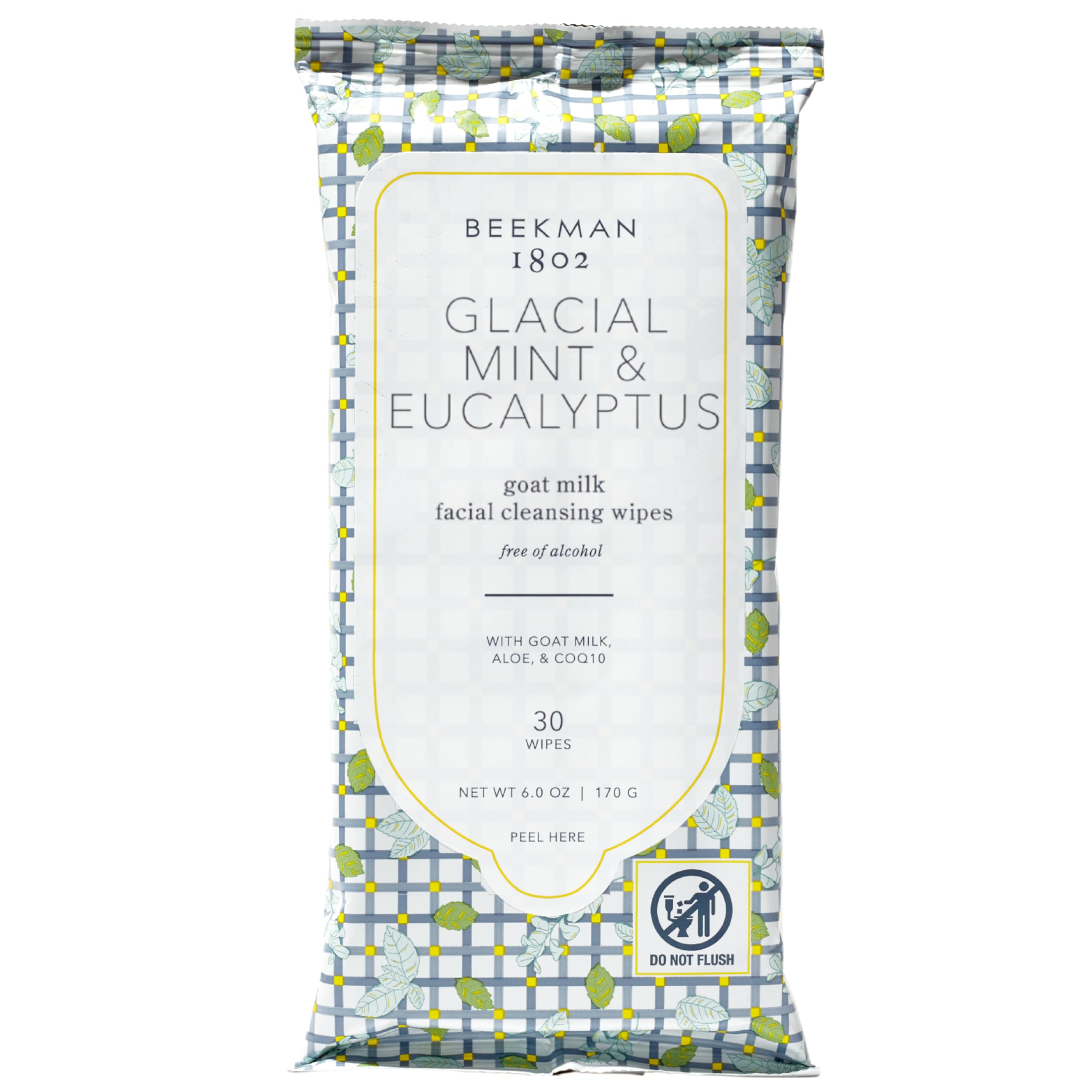 Beekman 1802 glacial mint eucalyptus wipes pack front for a refreshing cleanse on the go