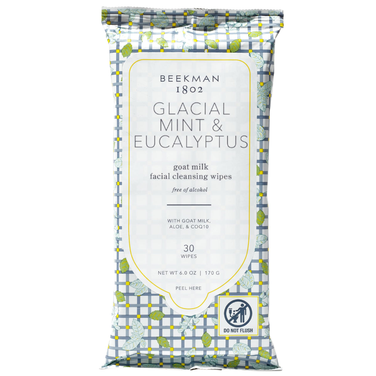 Beekman 1802 glacial mint eucalyptus wipes pack front for a refreshing cleanse on the go