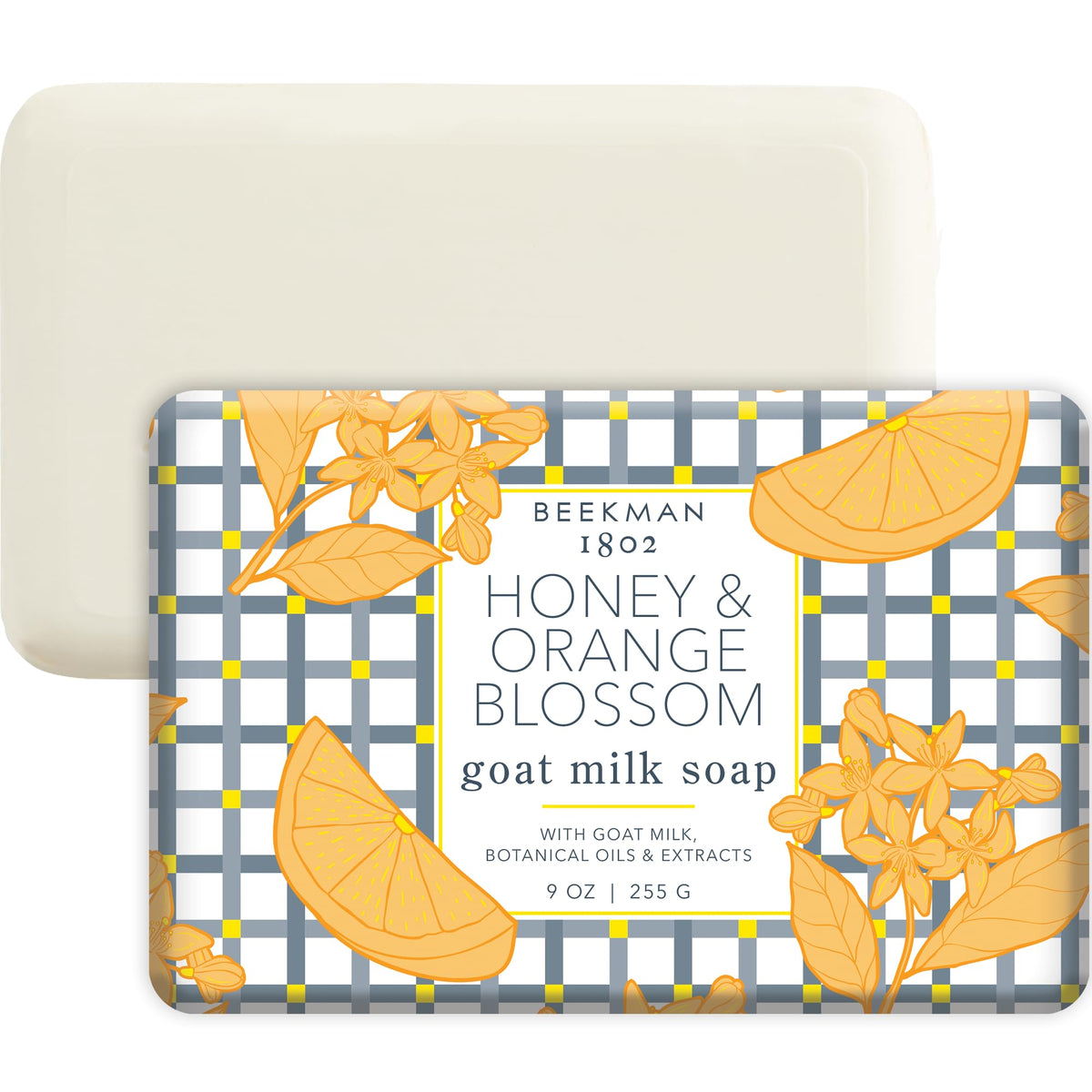 Beekman 1802 goat milk soap bar honey orange blossom wrap promotes gentle cleansing for sensitive skin.