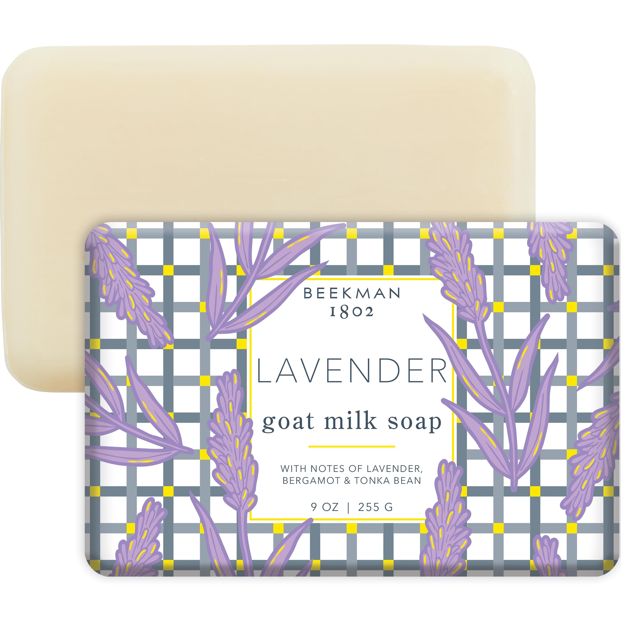 Beekman 1802 goat milk body soap bar lavender on bar providing gentle cleanse for sensitive skin