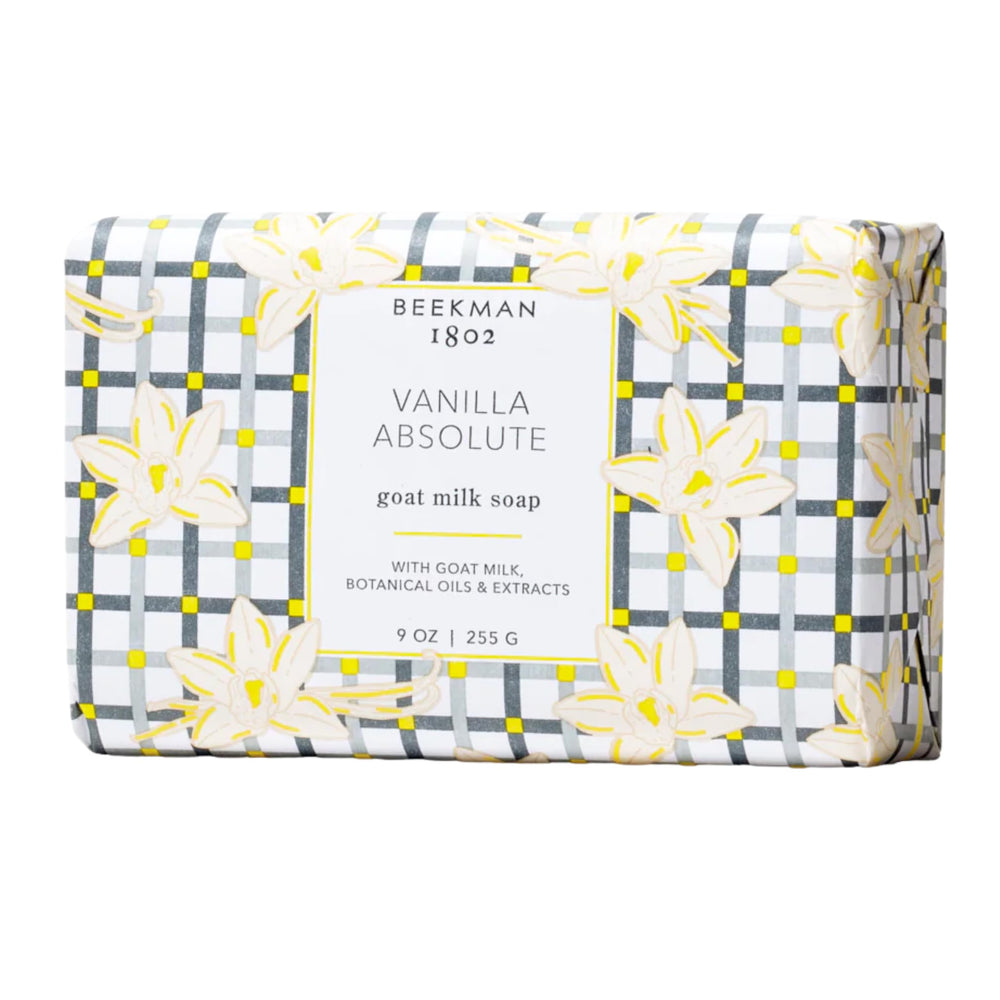 Beekman 1802 goat milk bar close-up with vanilla absolute showing creamy lather for sensitive skin