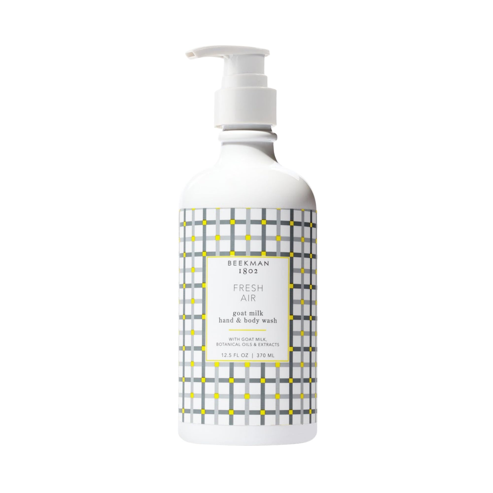 Beekman 1802 Goat Milk Hand Wash Fresh Air bottle pump shows clean, hydrated hands.