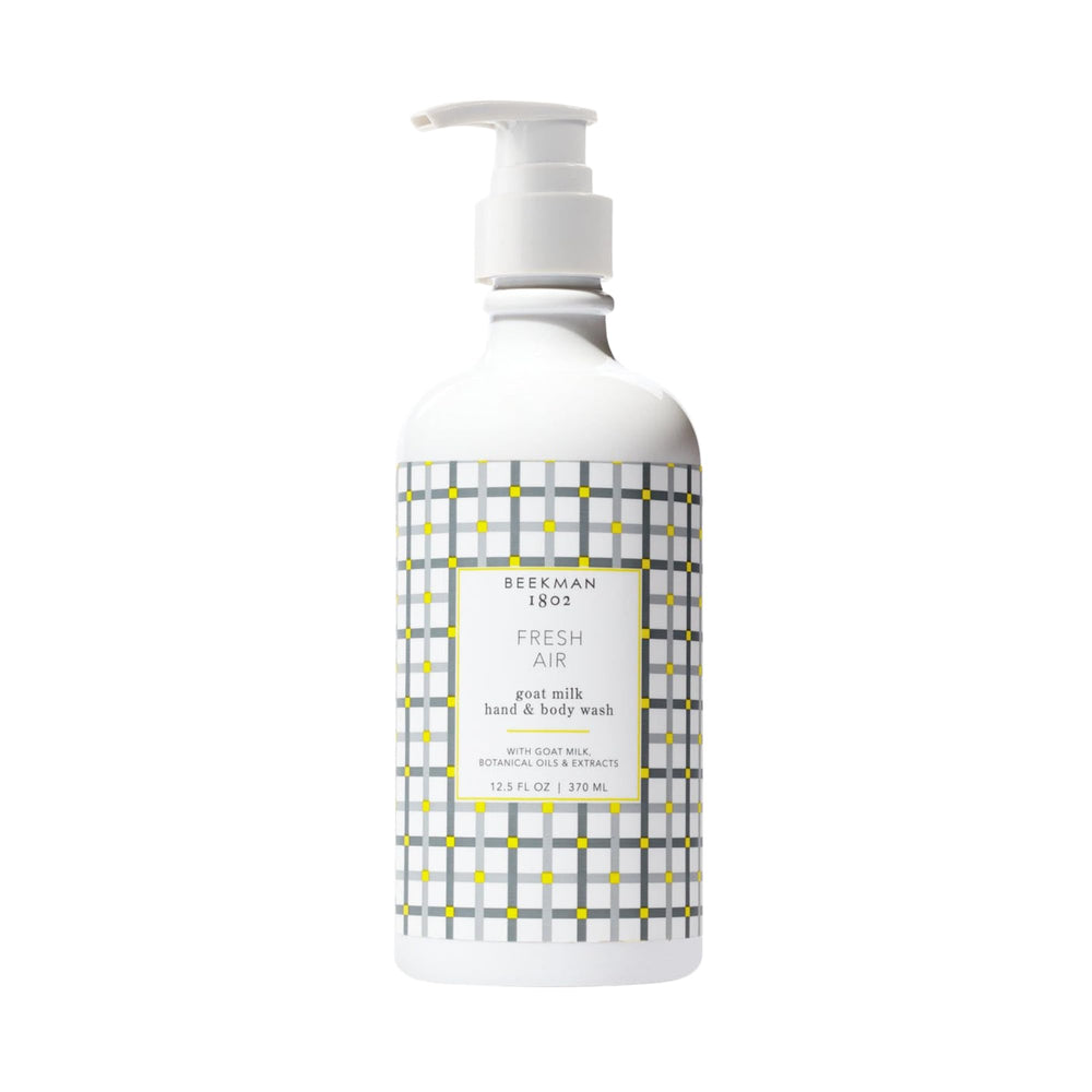 Beekman 1802 Goat Milk Hand Wash Fresh Air bottle pump shows clean, hydrated hands.