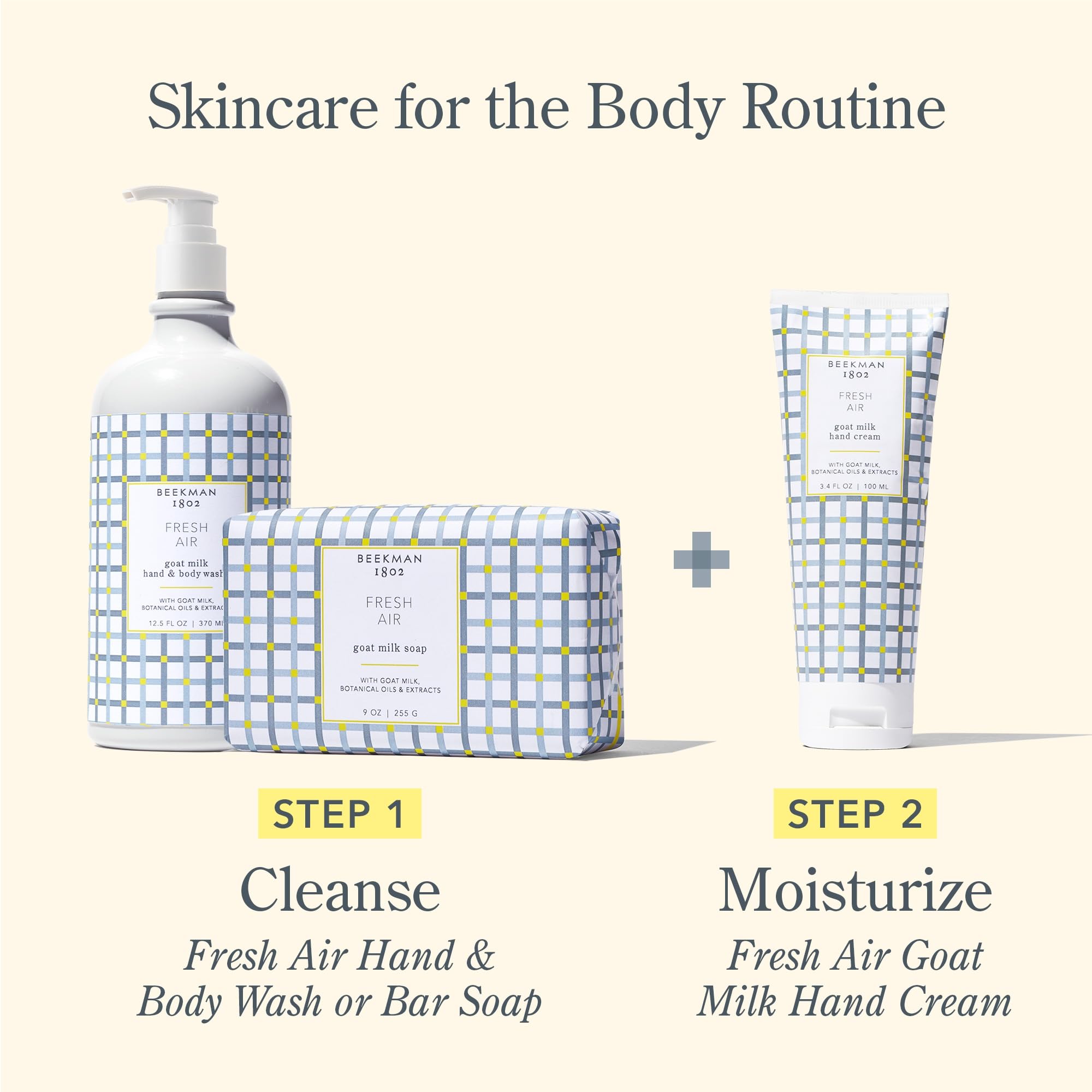 Beekman 1802 Goat Milk Hand Wash Fresh Air packaging emphasizes gentle, microbiome-friendly fragrance.