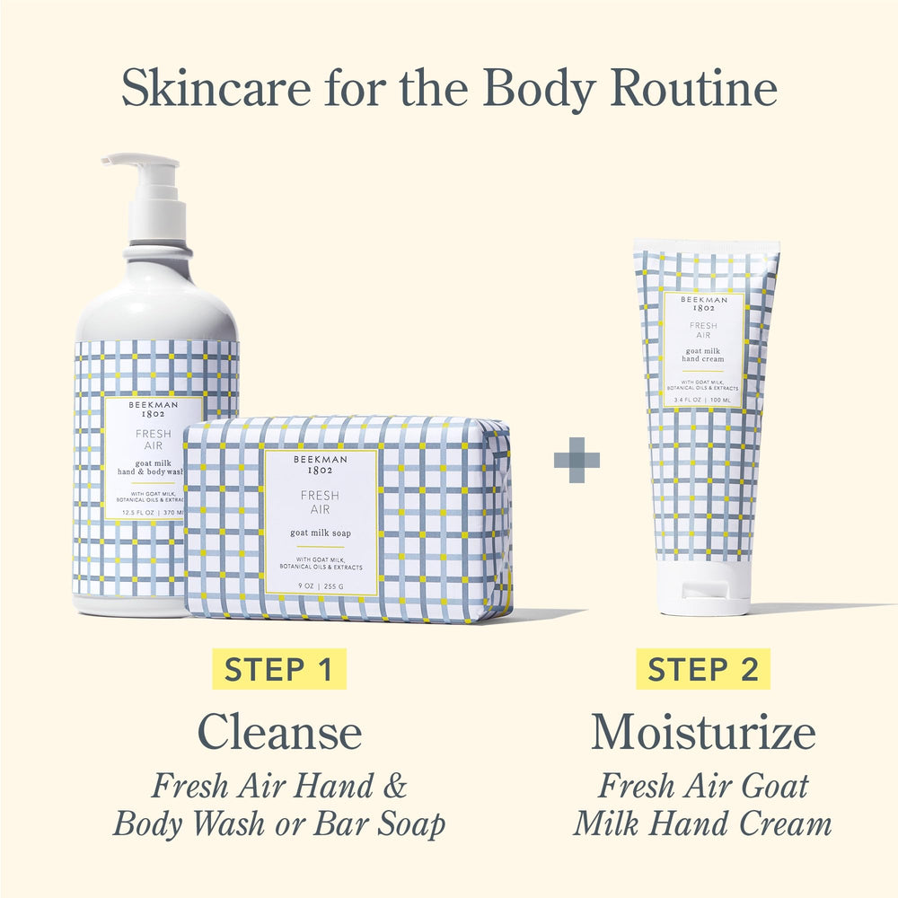 Beekman 1802 Goat Milk Hand Wash Fresh Air packaging emphasizes gentle, microbiome-friendly fragrance.