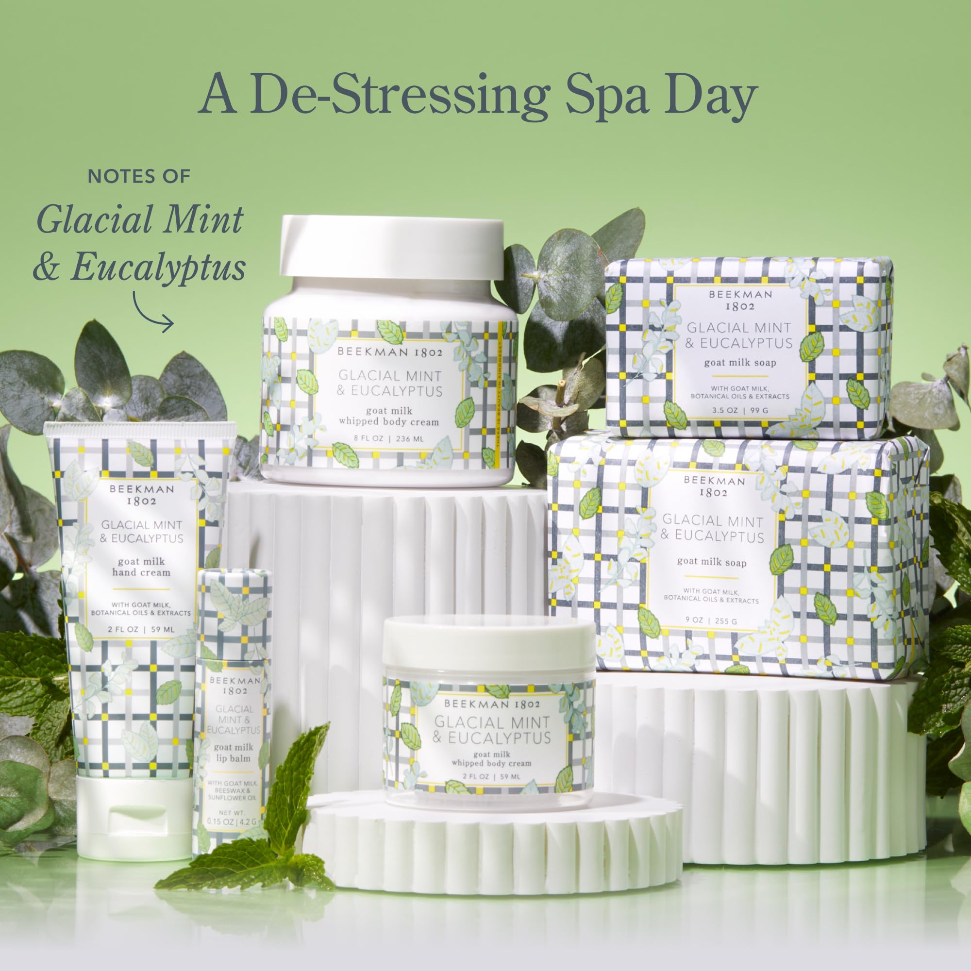Beekman 1802 Goat Milk Hand Wash Glacial Mint & Eucalyptus scene—soothing ambiance with refreshing scent.