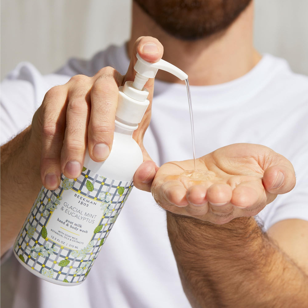Beekman 1802 Goat Milk Hand Wash label closeup—premium ingredients highlighted for sensitive skin.