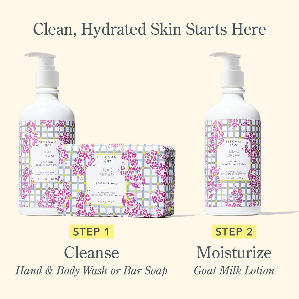 Beekman 1802 Lilac Dream packaging ready for use with pump insert
