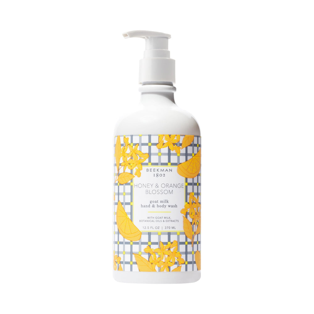 Beekman 1802 goat milk hand wash pump front promotes gentle cleansing for sensitive skin.