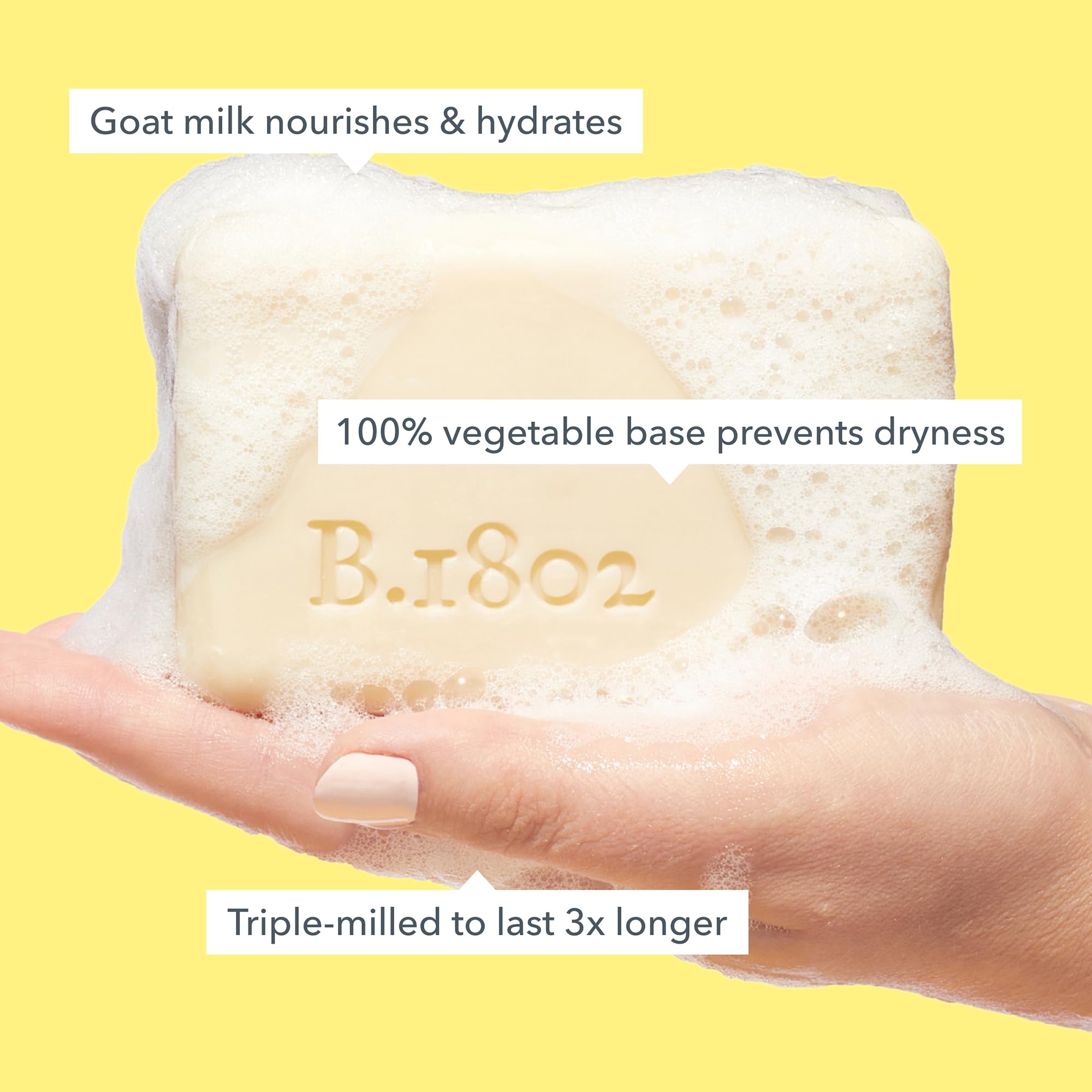 Beekman 1802 Goat Milk Soap Bar cream-texture closeup highlights creamy slip for daily cleansing.