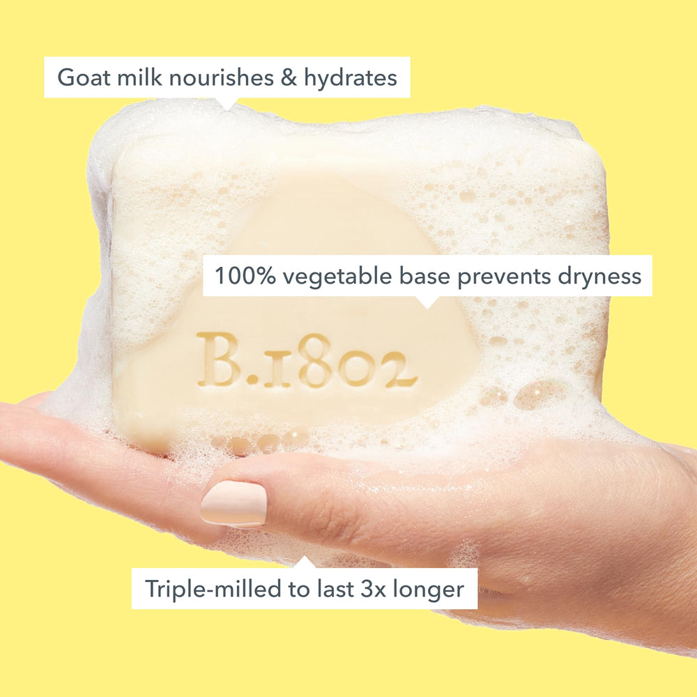 Beekman 1802 Goat Milk Soap Bar cream-texture closeup highlights creamy slip for daily cleansing.