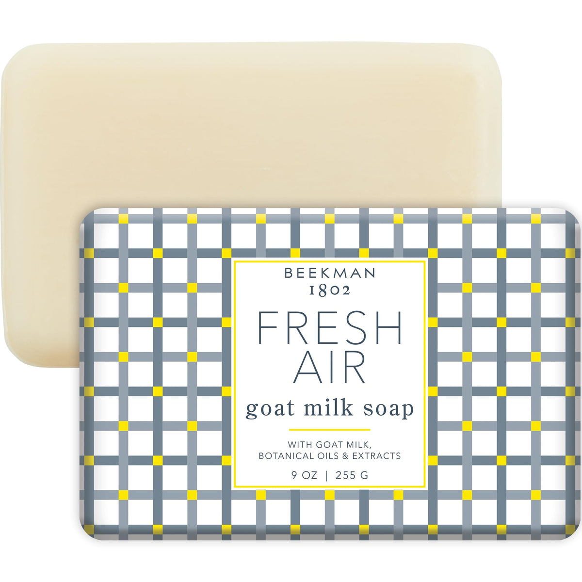 Beekman 1802 Goat Milk Soap Bar Fresh Air packaging highlights gentle cleansing with toxin-free ingredients