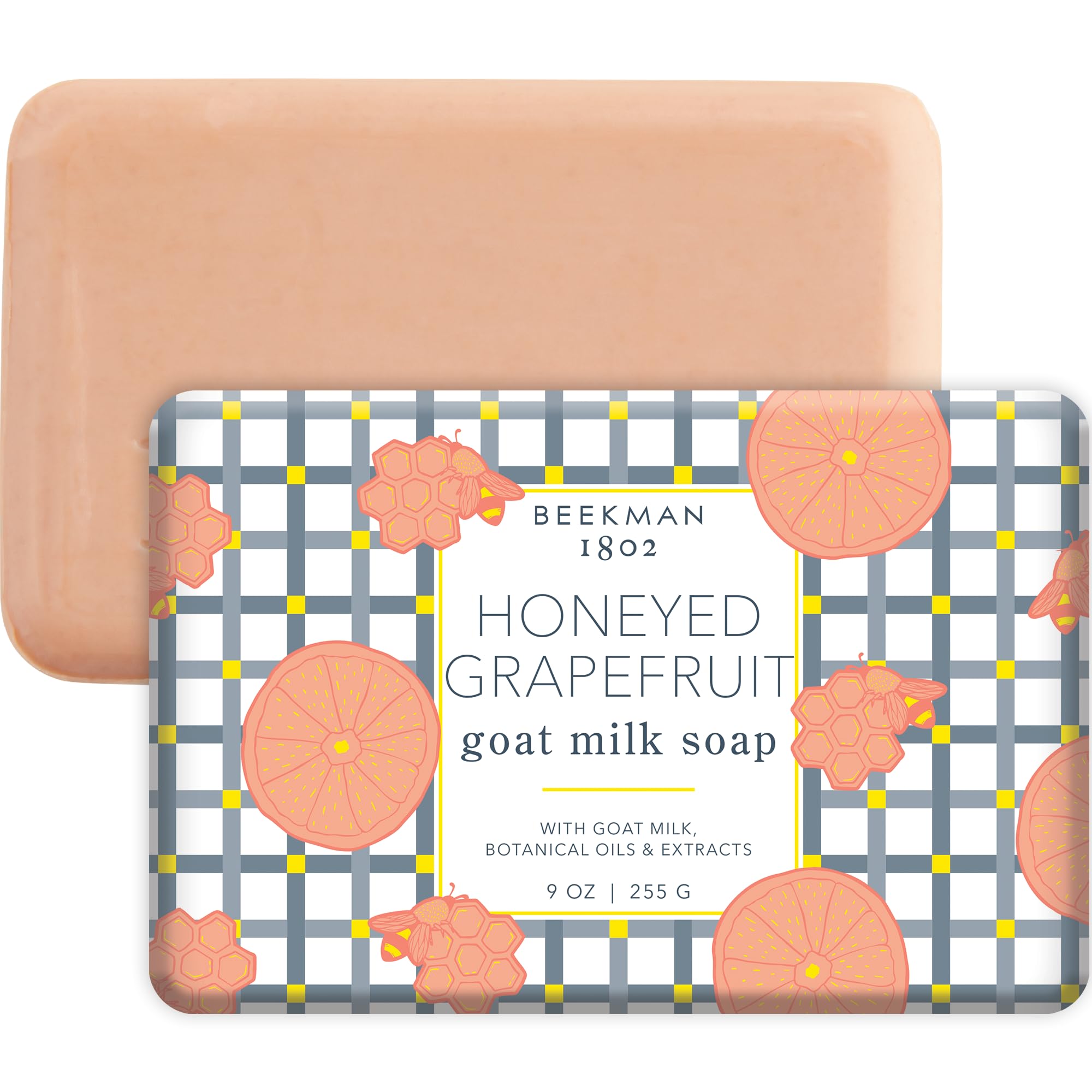 Beekman 1802 Goat Milk Soap Bar Honeyed Grapefruit close-up shows creamy lather for sensitive skin nourishment.