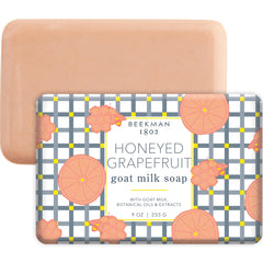 Beekman 1802 Goat Milk Soap Bar Honeyed Grapefruit close-up shows creamy lather for sensitive skin nourishment.