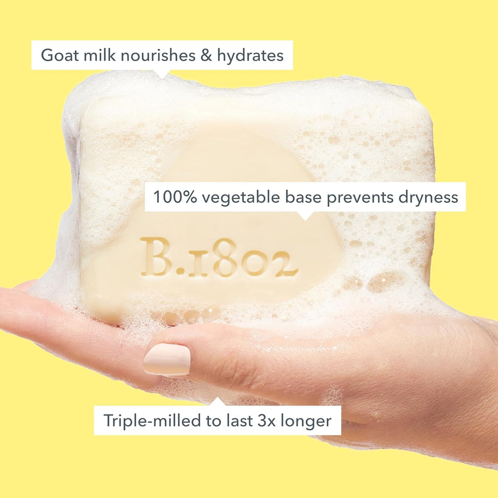 Beekman 1802 Goat Milk Soap Bar Honeyed Grapefruit foam lather highlights rich hydration during shower.
