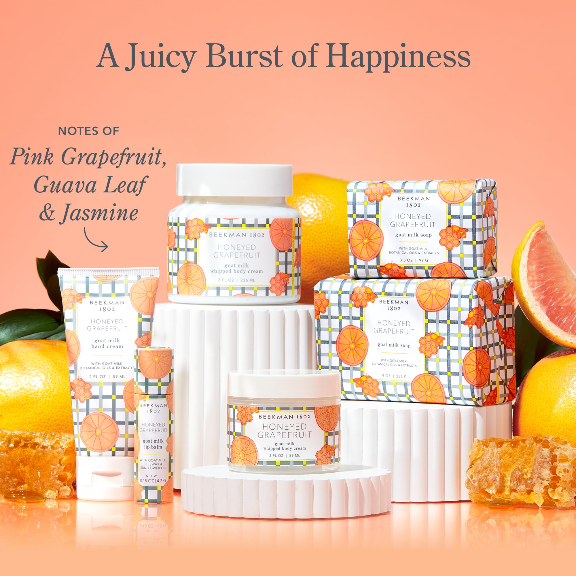 Beekman 1802 Goat Milk Soap Bar Honeyed Grapefruit guava leaf exfoliant close-up emphasizes gentle polish.