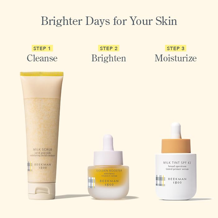 Beekman 1802 Golden Booster application shot suggesting 1–2 drops for daily routine