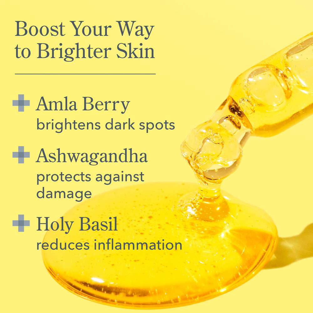 Beekman 1802 Golden Booster amla serum bottle highlights plant-based vitamin C benefits