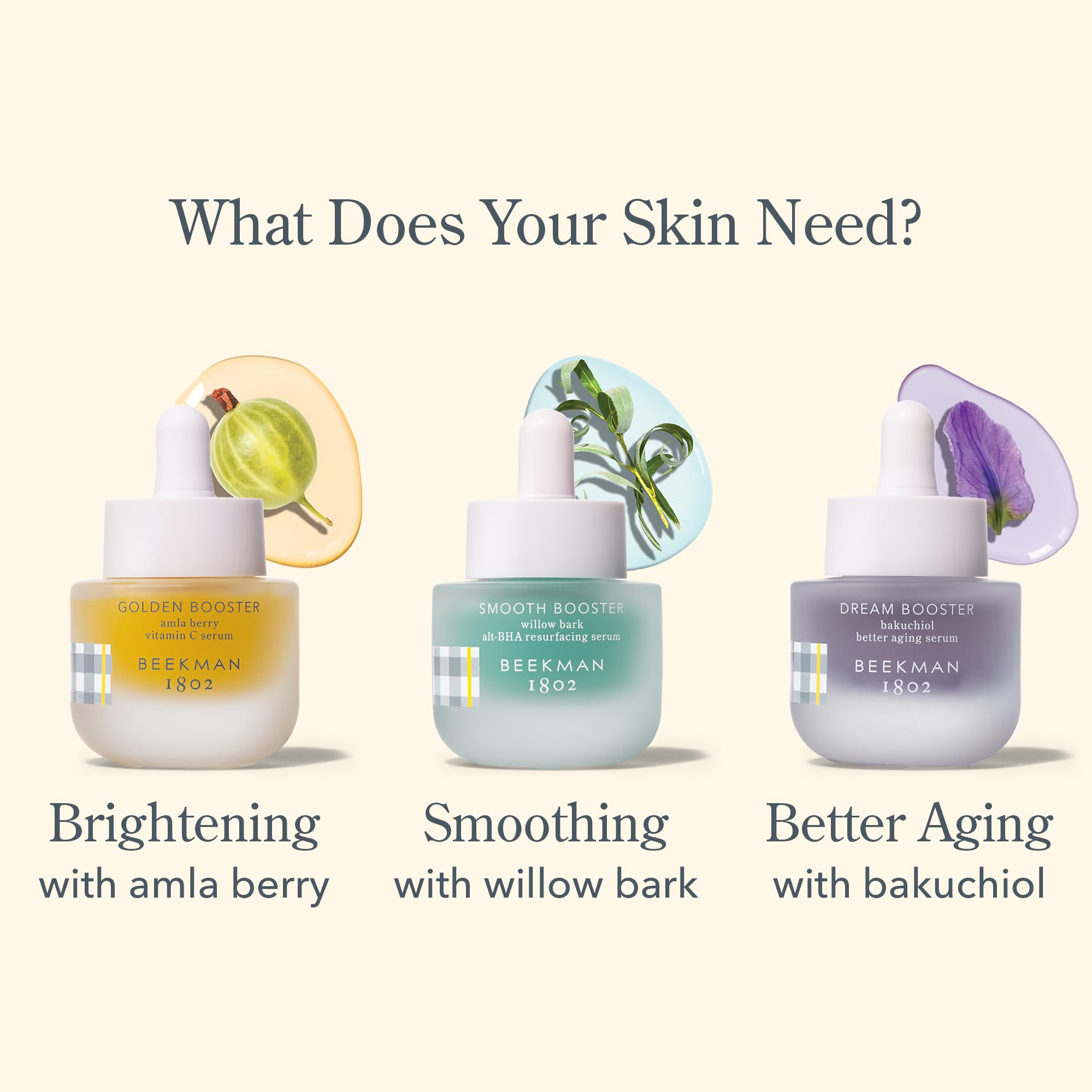 Beekman 1802 Golden Booster serum texture shown as quick-absorbing, non-greasy finish