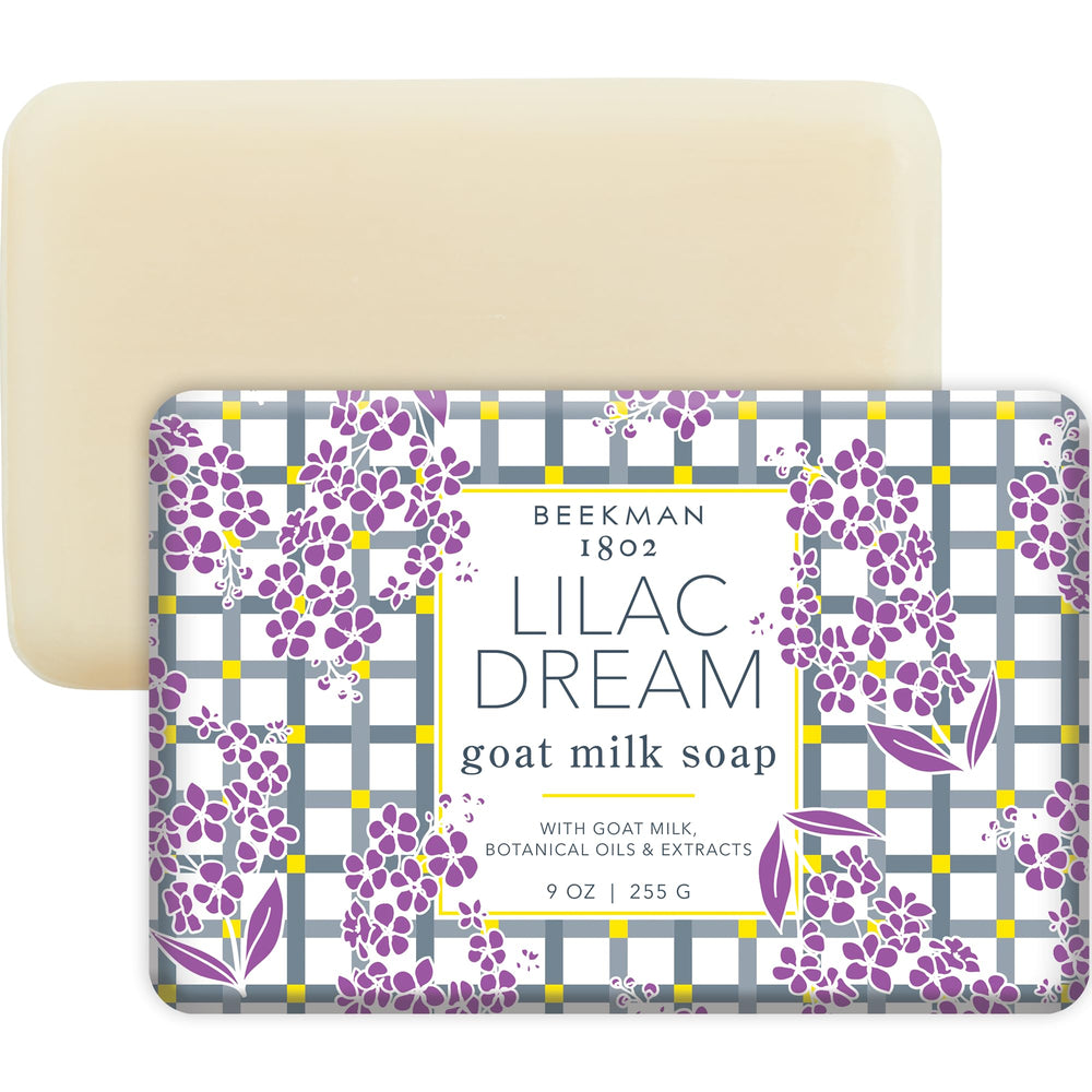 Beekman 1802 Lilac Dream soap bar shows creamy goat milk for gentle hydration.