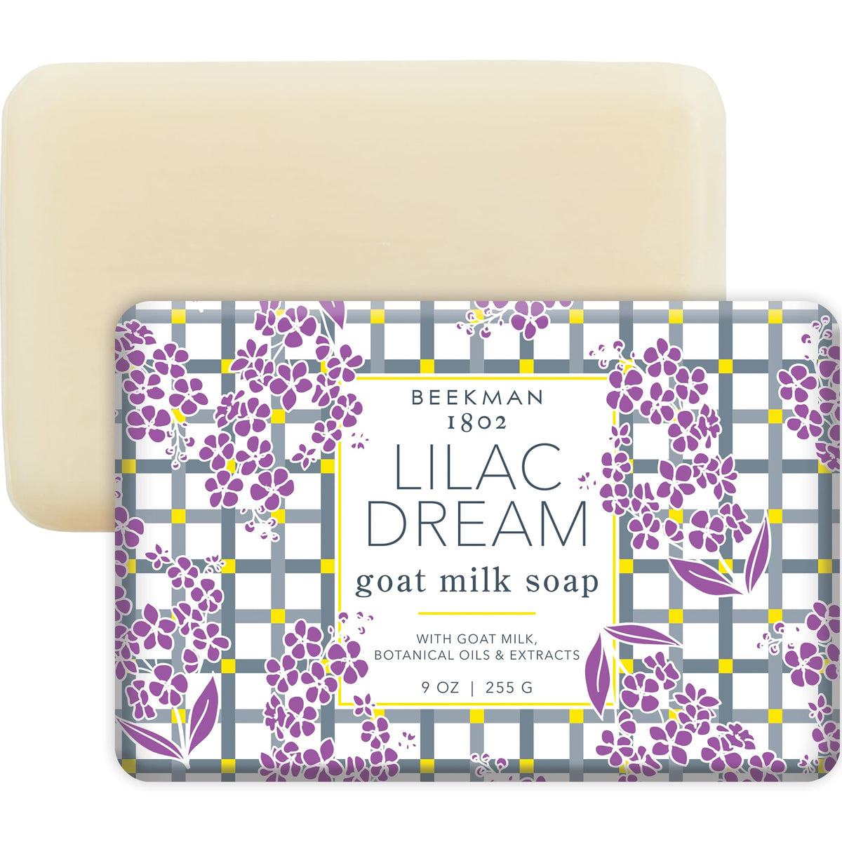Beekman 1802 Lilac Dream soap bar shows creamy goat milk for gentle hydration.