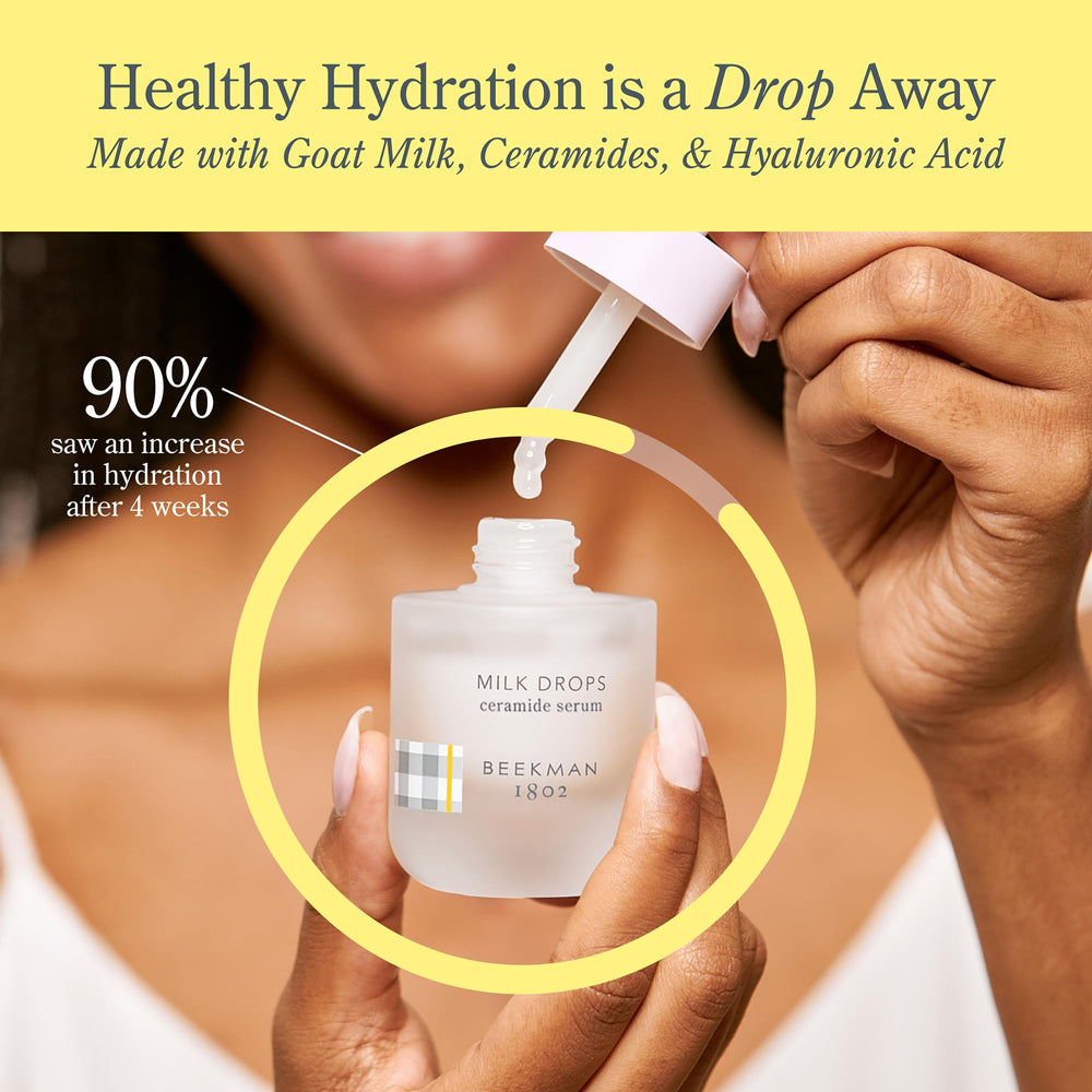 Beekman 1802 Milk Drops Serum application on hand for quick morning routine.