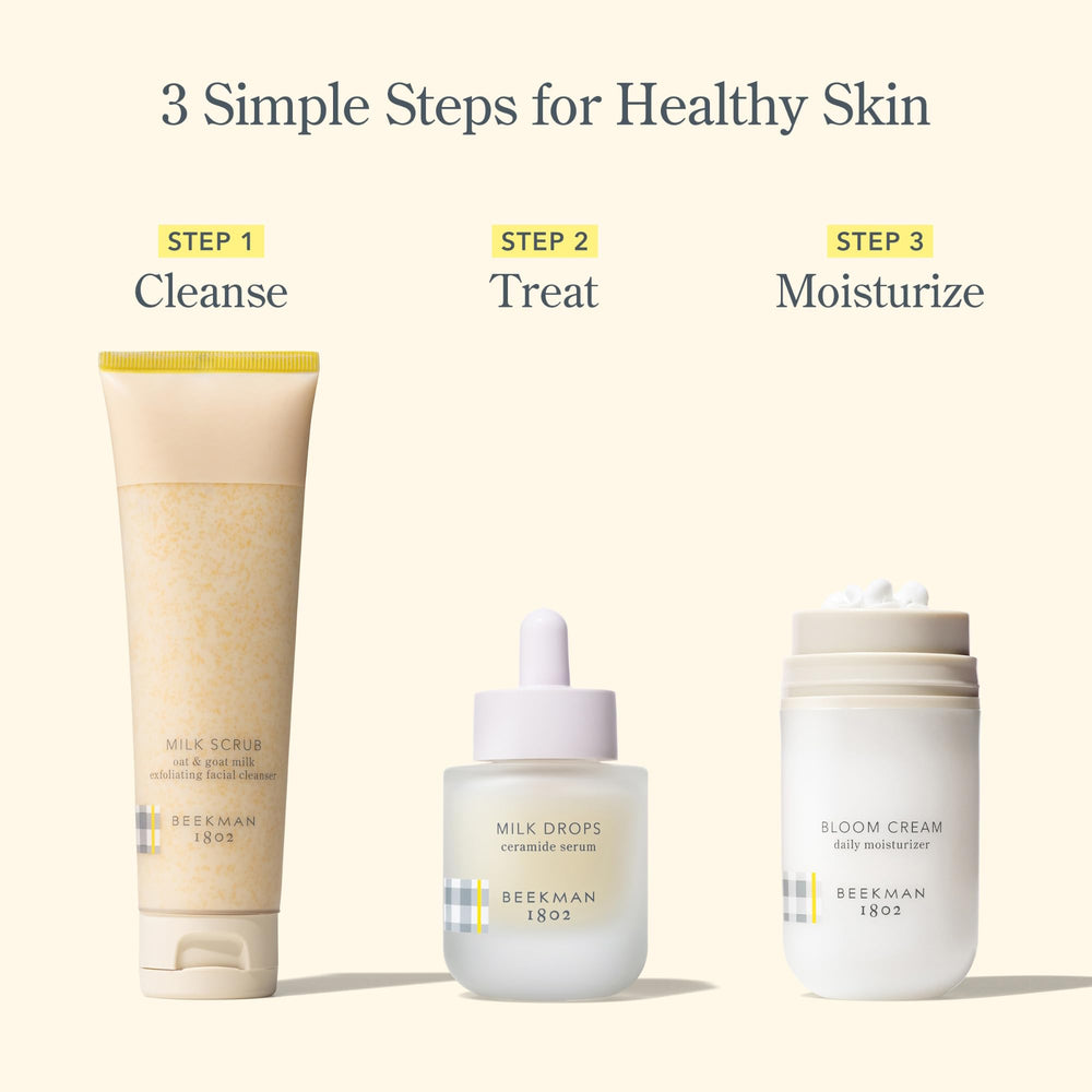 Beekman 1802 Milk Drops Serum drop-dispense shows precise, measured application.