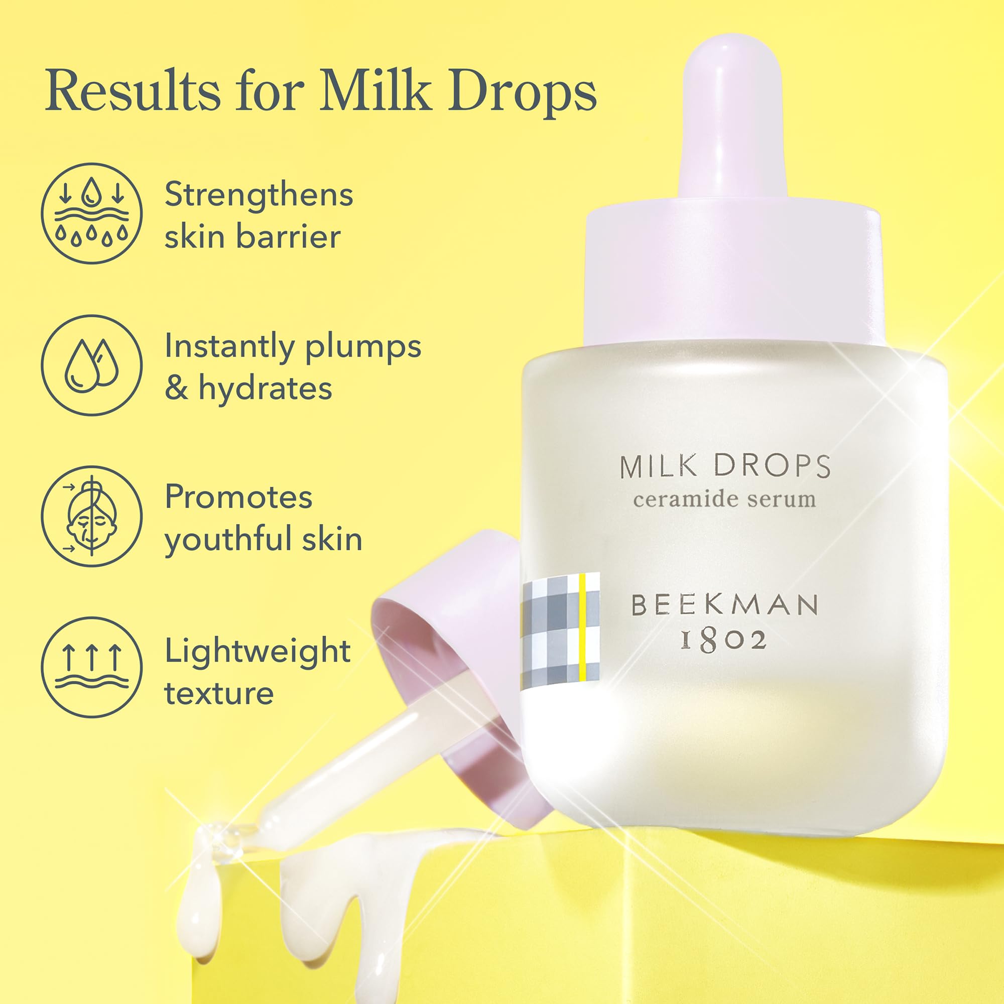 Beekman 1802 Milk Drops Serum on face delivering balanced hydration and glow.