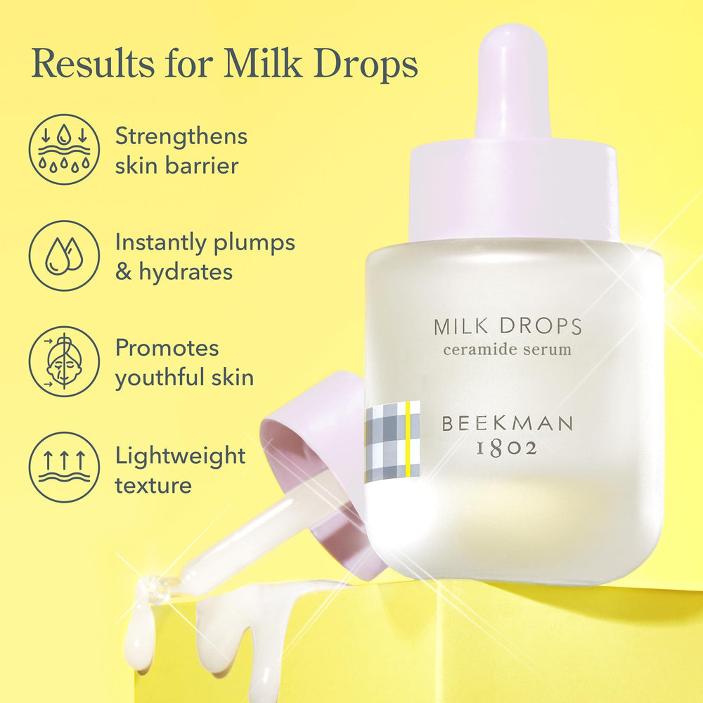 Beekman 1802 Milk Drops Serum on face delivering balanced hydration and glow.